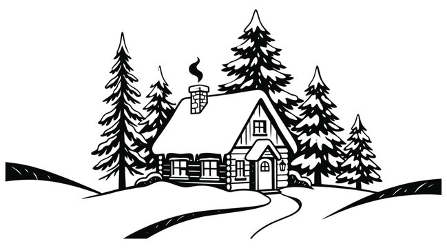 Cozy winter log cabin in a snowy forest landscape