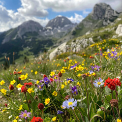 Fototapeta premium Mountain Landscape Covered with Colorful Wildflowers in Bloom