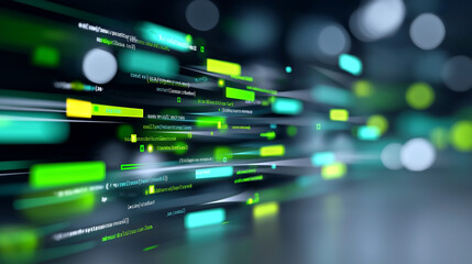 Fototapeta premium Abstract digital data flow with glowing green and blue lines representing information transfer in a futuristic technology environment
