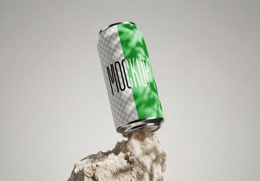 Aluminum Beverage Can Mockup on Crystal Rock with Realistic Shadows