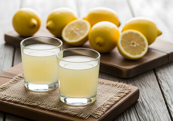 Fototapeta premium Two glasses of lemonade with lemons on a wooden cutting board on a rustic table