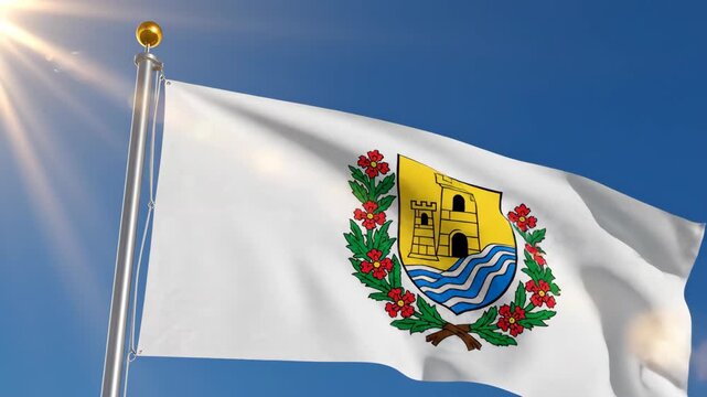 Flag with Coat of Arms Waving Against a Clear Blue Sky Background