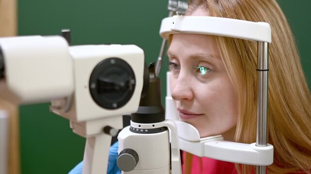 Examination of fundus of woman by ophthalmologist using retinal scanner. Patient during visit to optometrist for microscopic analysis of eyelids, sclera, conjunctiva, iris, lens, cornea. Eye exam
