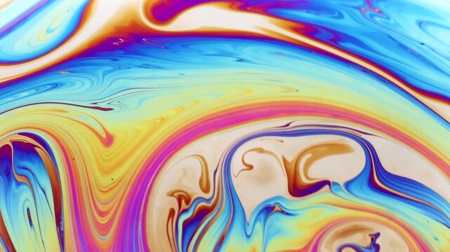 Colorful soap bubble floating gracefully, showcasing its stunning, ever-changing hues in this mesmerizing close-up video. A delicate dance of light and color captured in every shimmering curve.
