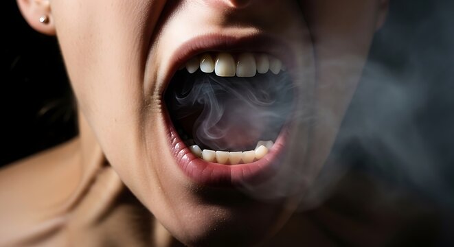 Close-up of a person's mouth exhaling a cloud of smoke with teeth visible