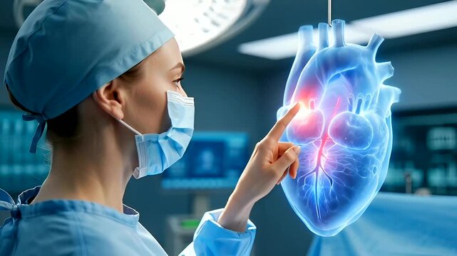 Female surgeon in blue scrub cap and medical mask interacting with glowing blue three dimensional holographic heart model in a high tech operating room during a simulation