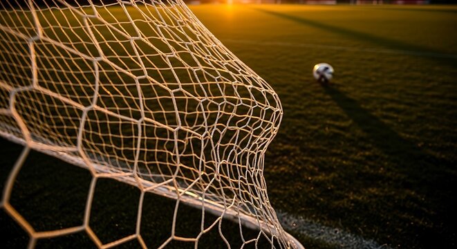 Soccer goal net in golden hour light with a ball in the distance