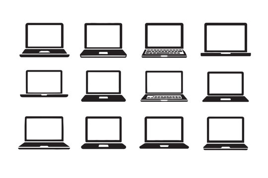 Minimalist laptop icons set, black and white computer vector silhouettes, collection of 12 electronic device symbols for web design and UI