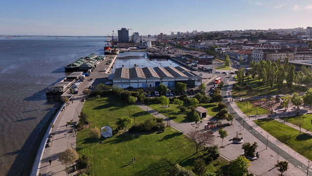 Wide aerial shot of Marvila district skyline. Lisbon, Portugal