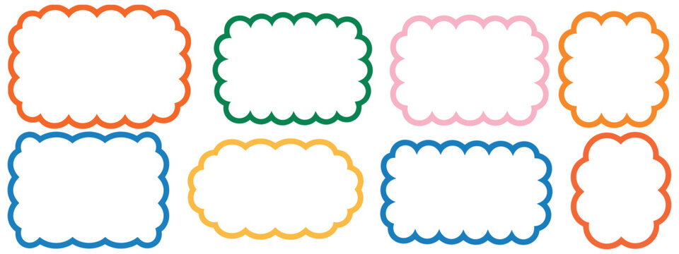 Shape, paper wavy bubble frame, cute fluffy cloud rectangle, line vector icon, abstract art simple and round label border, summer banner shape set, bubble card sun frame, decorative design elements 