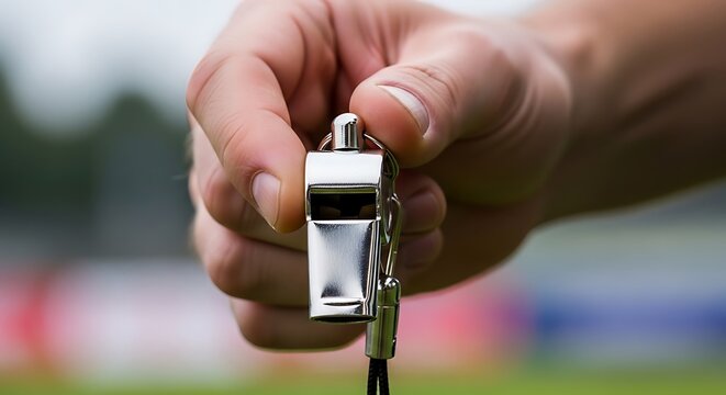 Referee holding a metal whistle, signaling a stop in the game