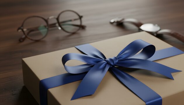 Kraft paper gift box wrapped with a blue ribbon on a dark wooden table near eyeglasses and wrist watch for Father's Day celebration concept and masculine holiday surprise