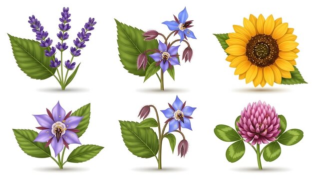 Botanical Vector Set of Lavender, Borage, Sunflower, and Clover Plants
