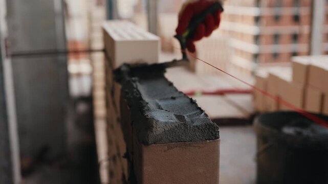 Worker spreading mortar along brick wall during construction