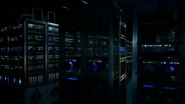 A massive enterprise data center facility with endless rows of high performance server racks illuminated by blinking blue lights in a dark cooling room focused on modern cloud computing and networking