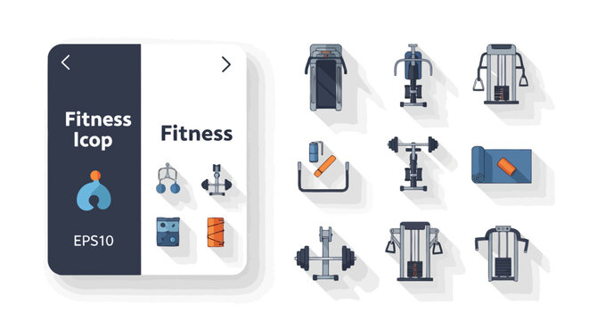 Flat design fitness and gym equipment vector icons with long shadow style EPS10