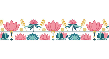 Seamless Decorative Indian Lotus Floral Border Flat Vector Pattern © Best Design_Academy