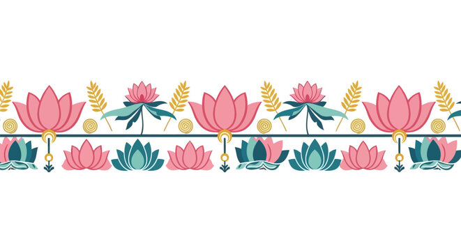 Seamless Decorative Indian Lotus Floral Border Flat Vector Pattern