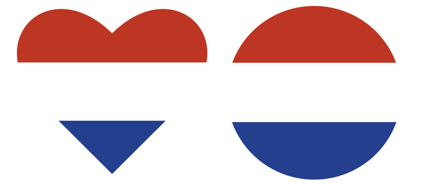 Round Netherlands flag in circle shape. Netherlands flag in heart shape, set, collection.