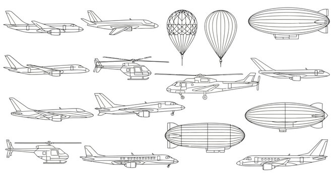 Outline vector set of air transport airplanes helicopters blimps balloons EPS10