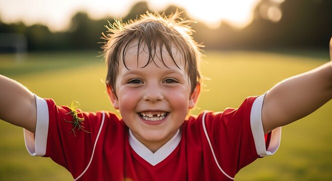 Joyful young boy in red sports jersey with arms outstretched on a sunny field