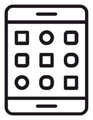 Minimalist black line vector icon of a tablet or smartphone with a grid of app icons on the screen, representing mobile technology, digital communication, and modern electronic devices. © Zain