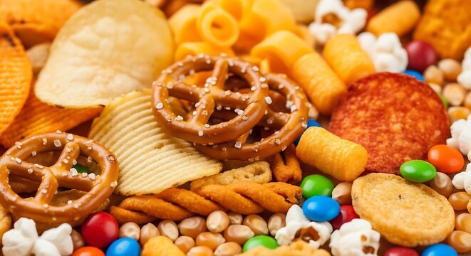 Assortment of crunchy snacks and colorful candies in a large pile