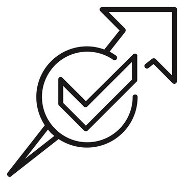 Minimalist black vector icon illustration featuring a checkmark inside a circle integrated with an upward-pointing arrow, representing success, growth, progress, achievement, and verification.