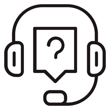 Black line vector icon of a headset with a microphone and a speech bubble containing a question mark, representing customer support, technical assistance, help desk, and FAQ services for web.