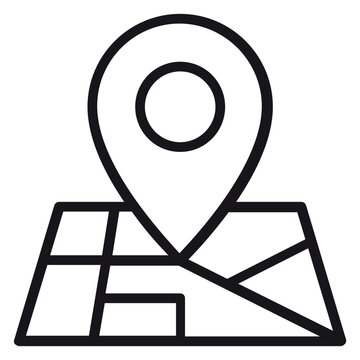Minimalist black vector icon illustration of a map pin location marker on a street map, symbolizing navigation, GPS tracking, travel destinations, and geographic positioning for web design.