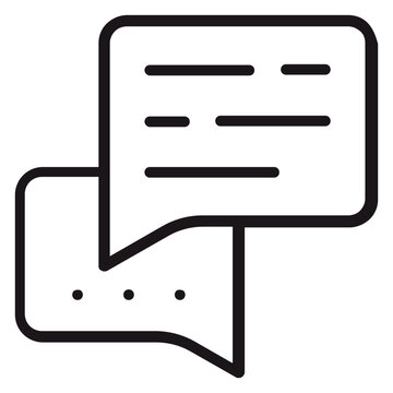 Minimalist black vector icon of two overlapping speech bubbles representing a conversation or chat, featuring text lines and an ellipsis symbol for communication, messaging, and social media.