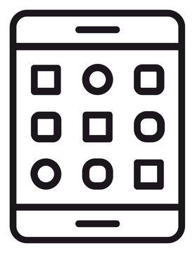 Minimalist black line vector icon of a tablet or smartphone with a grid of app icons on the screen, representing mobile technology, digital communication, and modern electronic devices.