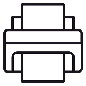 Minimalist black line printer vector icon illustration, featuring a paper sheet being printed, clean outline symbol for office hardware, technology, and document management services.