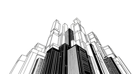 Obraz premium Geometric Monochrome City Architecture Low Angle Perspective Abstract Illustration