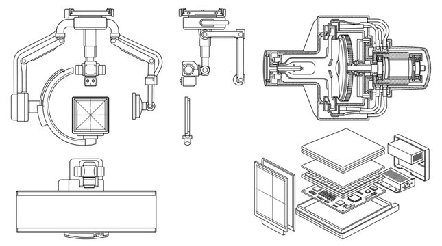 X-Ray Machine Medical Equipment Technical Drawing Blueprint, Front Side Top and Internal Cross-Sectional Views Line Art Vector