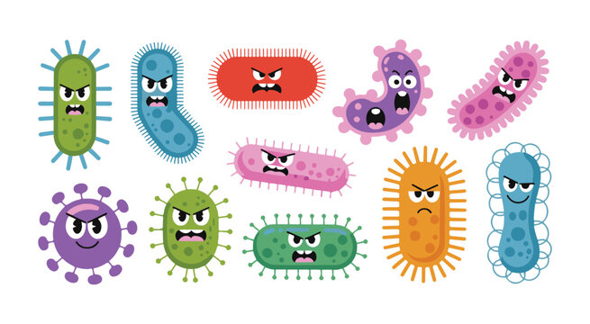 Collection of angry and scary cartoon bacteria and viruses with various shapes and expressions isolated vector.
