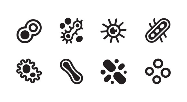 Black and white flat bacteria icons set representing different types of microorganisms and cells for scientific use.