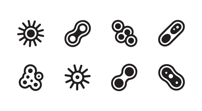 Collection of simple flat iconographic representations of various microorganisms for scientific and medical concepts.