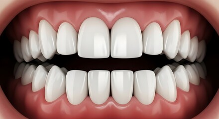 Obraz premium A perfectly healthy set of aligned white teeth and gums viewed from the front inside a human mouth