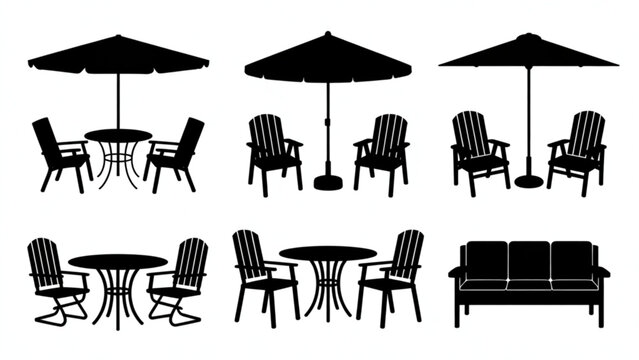 Garden Patio Furniture Silhouette Vector Set &ndash; Table, Chairs and Umbrella Outdoor Seating Collection