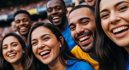 Obraz premium Diverse group of friends laughing joyfully at a sporting event together