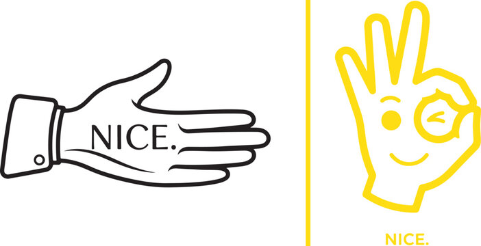 Vector line art of positive hand gestures featuring an open palm and a yellow OK sign with a winking smiley face