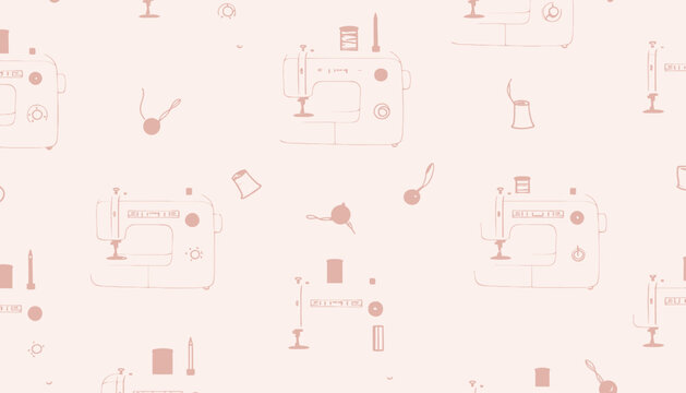 Seamless Pattern Featuring Whimsical Sewing Machines and Colorful Sewing Notions on Soft Pink Background