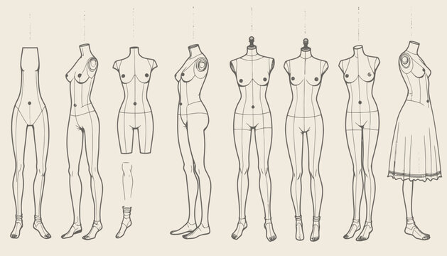 Illustration of various mannequin forms showcasing different stages of clothing fitting and style development with emphasis on form and structure