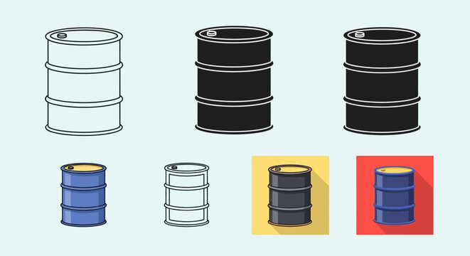 Illustration of oil drums in varying shades and color schemes