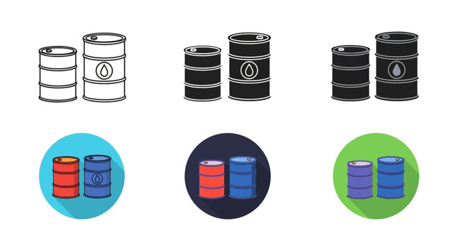 Stylized oil barrels in varying colors and shades presented as icons