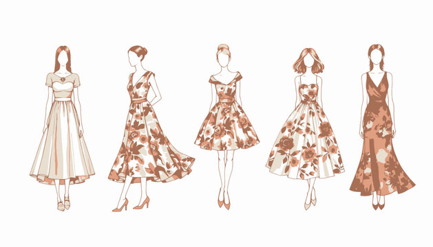 Elegant and Chic Floral Dresses: A Collection of Five Styles Featuring Stylish Silhouettes and Floral Designs for Sophisticated and Trendy Women's Fashion