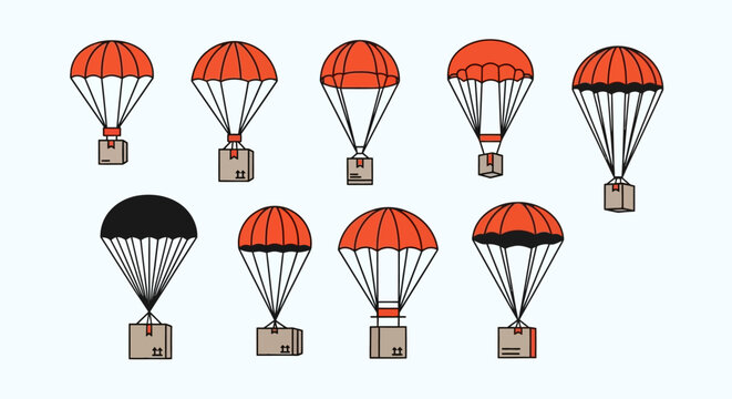 A collection of colorful parachutes carrying small packages below