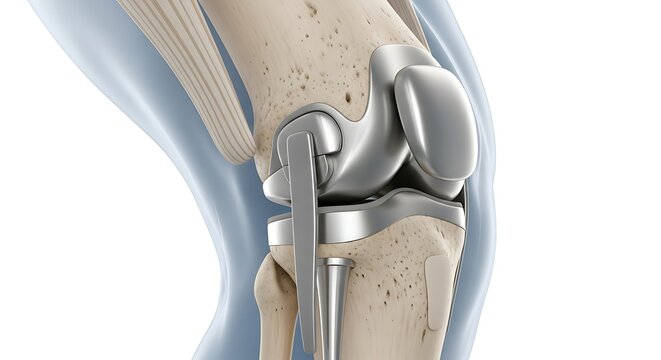 Detailed 3d illustration of a human knee joint with a metallic prosthesis implant and surrounding bone structures