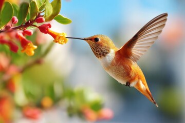 Obraz premium Vibrant hummingbird hovering near flowers